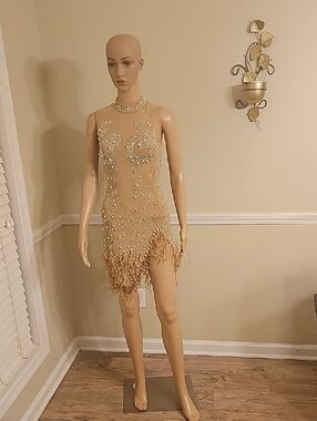 Nude Beaded Feather-Trim Mini Dress